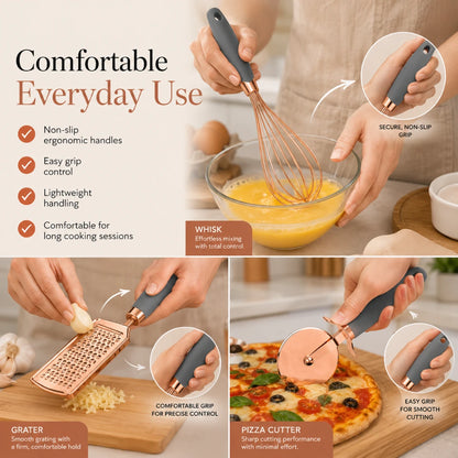 Josh & Tate - ChefCraft™ 7-Piece Rose Gold Kitchen Set - Set of kitchen utensils with text highlighting features like non-slip handles and easy grip control.