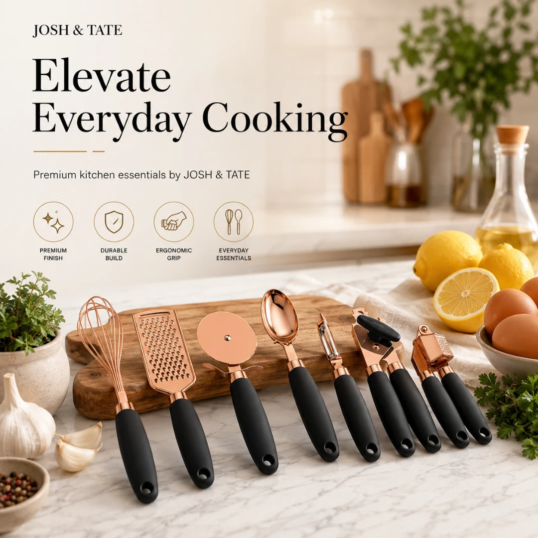 Josh & Tate - ChefCraft™ 7-Piece Rose Gold Kitchen Set - Set of kitchen utensils with black handles on a kitchen counter, featuring 'Josh & Tate' branding.