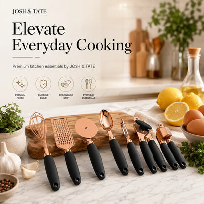 Josh & Tate - ChefCraft™ 7-Piece Rose Gold Kitchen Set - Set of kitchen utensils with black handles on a kitchen counter, featuring 'Josh & Tate' branding.