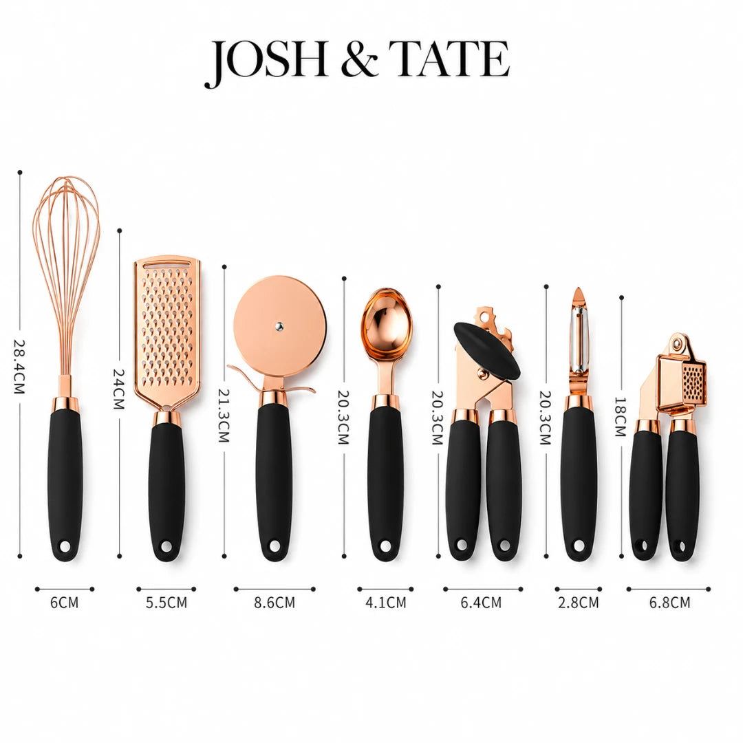 Josh & Tate - ChefCraft™ 7-Piece Rose Gold Kitchen Set - Set of kitchen utensils with measurements and 'Josh & Tate' branding on a white background