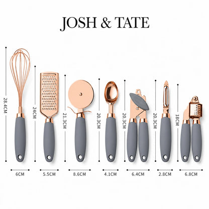 Josh & Tate - ChefCraft™ 7-Piece Rose Gold Kitchen Set - Set of kitchen utensils with rose gold and gray handles, including a whisk, grater, and others, with measurements on a white background. Brand 'JOSH & TATE' is visible.