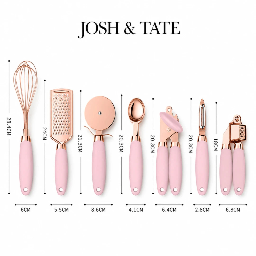 Josh & Tate - ChefCraft™ 7-Piece Rose Gold Kitchen Set - Set of kitchen utensils with pink handles and rose gold accents, including a whisk, grater, and others, with measurements displayed.