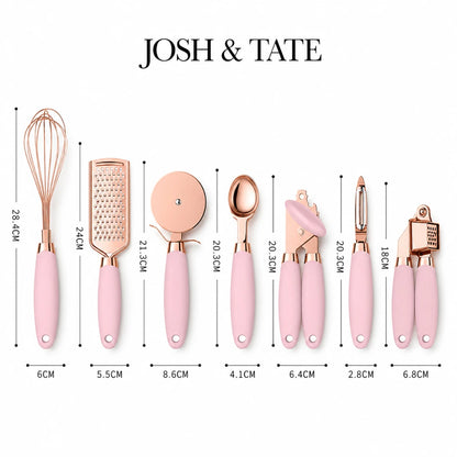 Josh & Tate - ChefCraft™ 7-Piece Rose Gold Kitchen Set - Set of kitchen utensils with pink handles and rose gold accents, including a whisk, grater, and others, with measurements displayed.