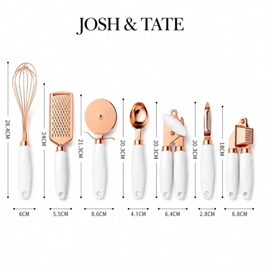 Josh & Tate - ChefCraft™ 7-Piece Rose Gold Kitchen Set - Set of kitchen utensils with rose gold accents and white handles, including a whisk, grater, and others, displayed with measurements on a white background. Brand 'JOSH & TATE' is visible.