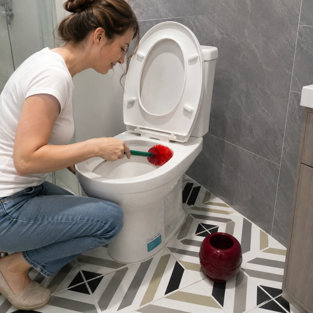 Josh & Tate - CherryPop™ Toilet Brush & Holder - A woman in a white t-shirt and blue jeans kneels beside a white toilet in a modern bathroom, using a toilet brush with a red bristle head. A small red decorative vase sits on the geometric patterned floor.