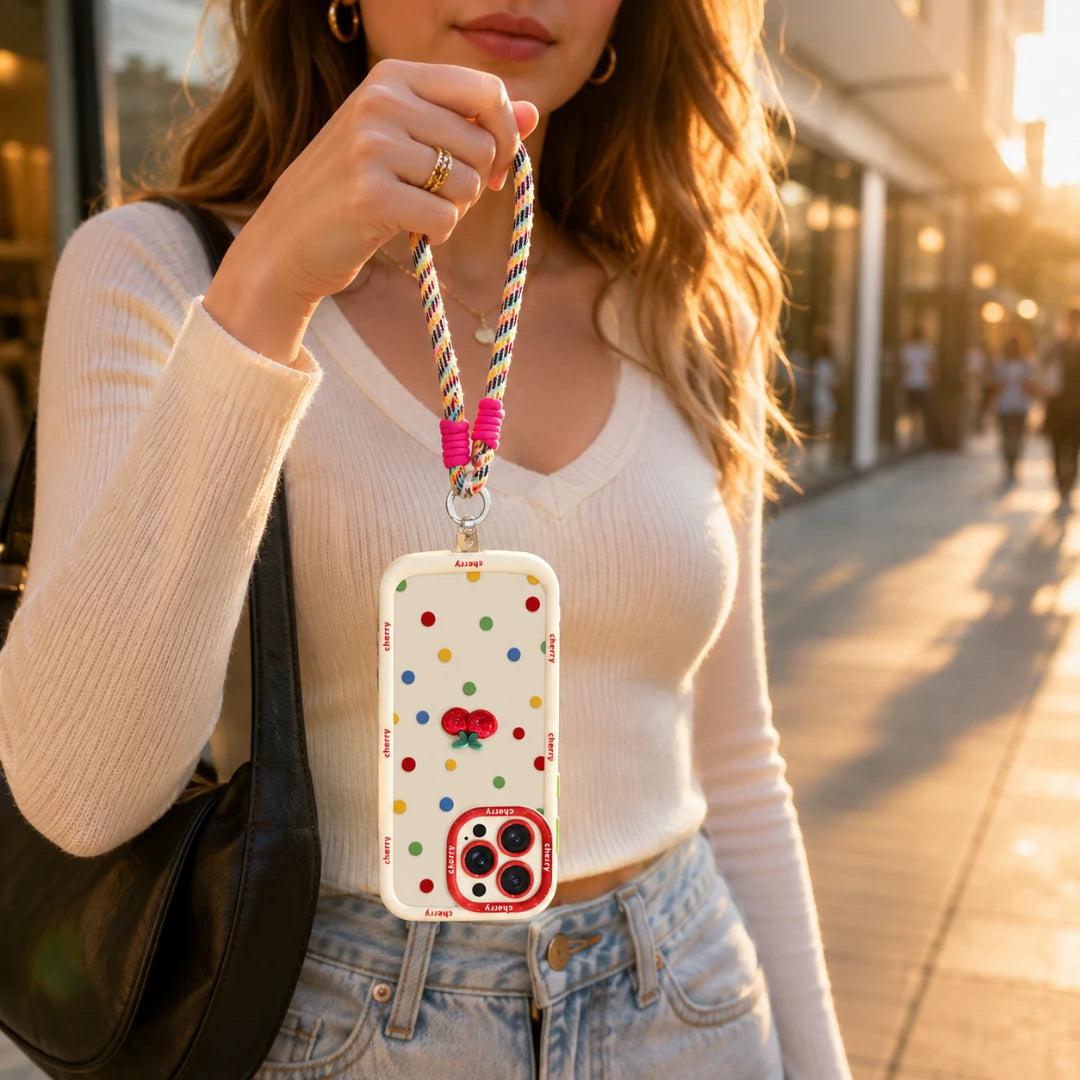 Josh & Tate - CherryPop™ iPhone Case - A woman outdoors holds up a white phone case decorated with colorful polka dots and a red heart, attached to a striped lanyard. She is wearing a white ribbed long-sleeve top and light blue jeans, with a black shoulder bag visible.