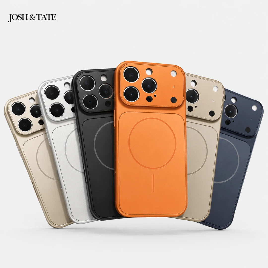 Josh & Tate - ChromeCore™ Premium MagSafe iPhone Case - Five phone cases in different colors on a white background with 'JOSH & TATE' branding.