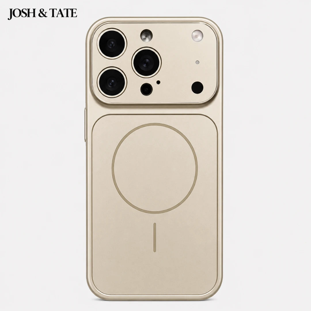 Josh & Tate - ChromeCore™ Premium MagSafe iPhone Case - Gold phone case with magnetic charging pad on a white background, featuring the brand 'Josh & Tate'.