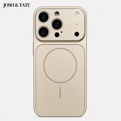 Josh & Tate - ChromeCore™ Premium MagSafe iPhone Case - Gold phone case with magnetic charging pad on a white background, featuring the brand 'Josh & Tate'.