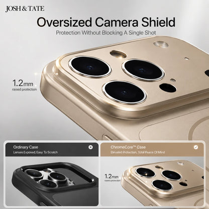 Josh & Tate - ChromeCore™ Premium MagSafe iPhone Case - Oversized camera shield for phone case with text on protection and design.