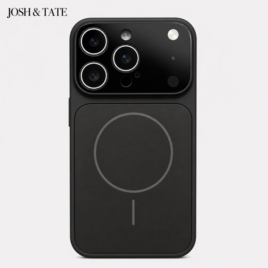 Josh & Tate - ChromeCore™ Premium MagSafe iPhone Case - Black phone case with magnetic charging pad on a white background, featuring the brand 'JOSH & Tate'.
