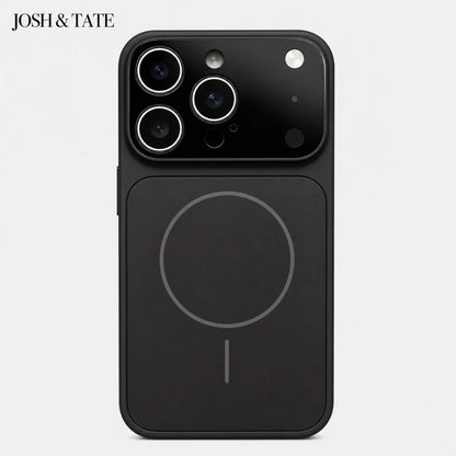 Josh & Tate - ChromeCore™ Premium MagSafe iPhone Case - Black phone case with magnetic charging pad on a white background, featuring the brand 'JOSH & Tate'.