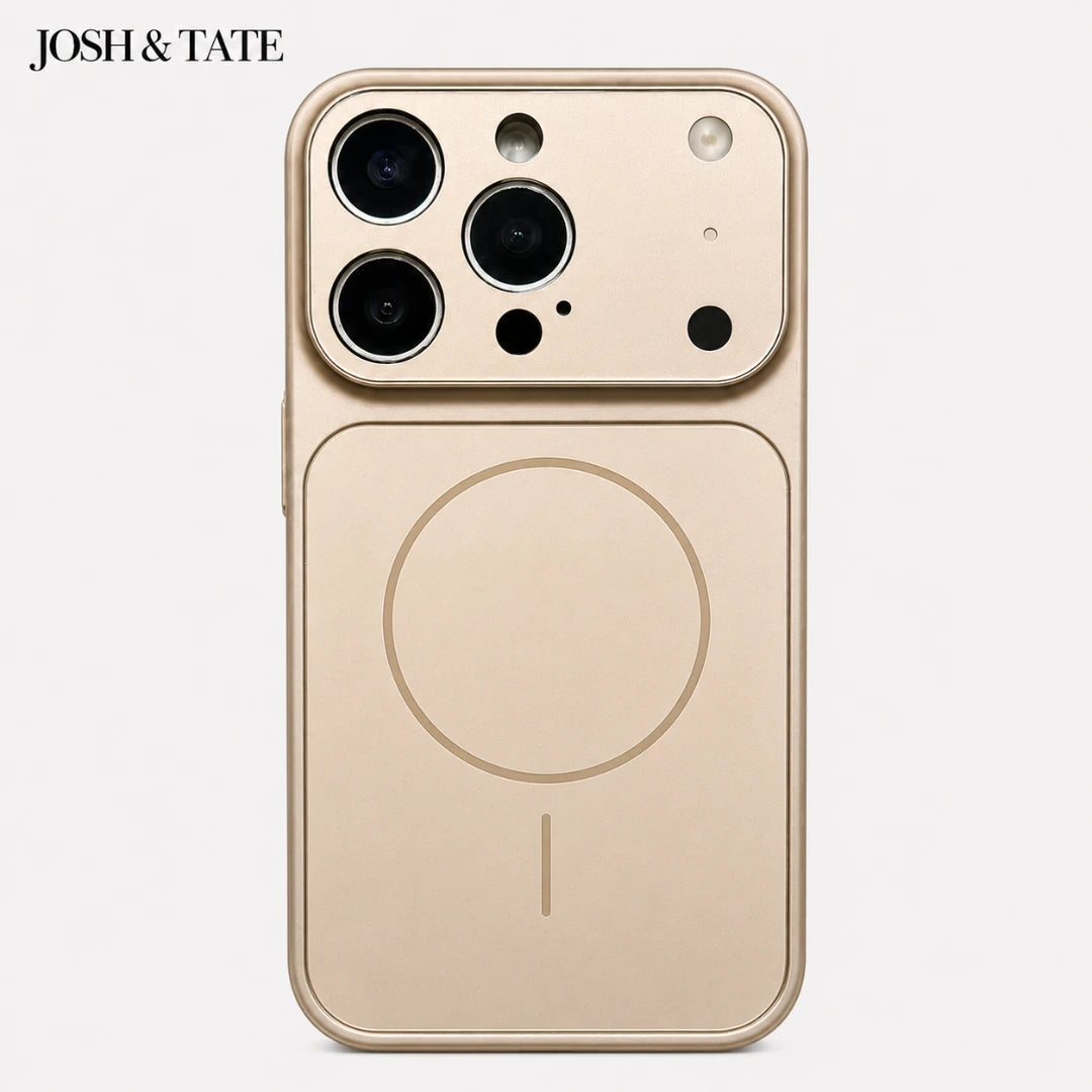Josh & Tate - ChromeCore™ Premium MagSafe iPhone Case - Gold phone case with 'JOSH & TATE' branding on a white background