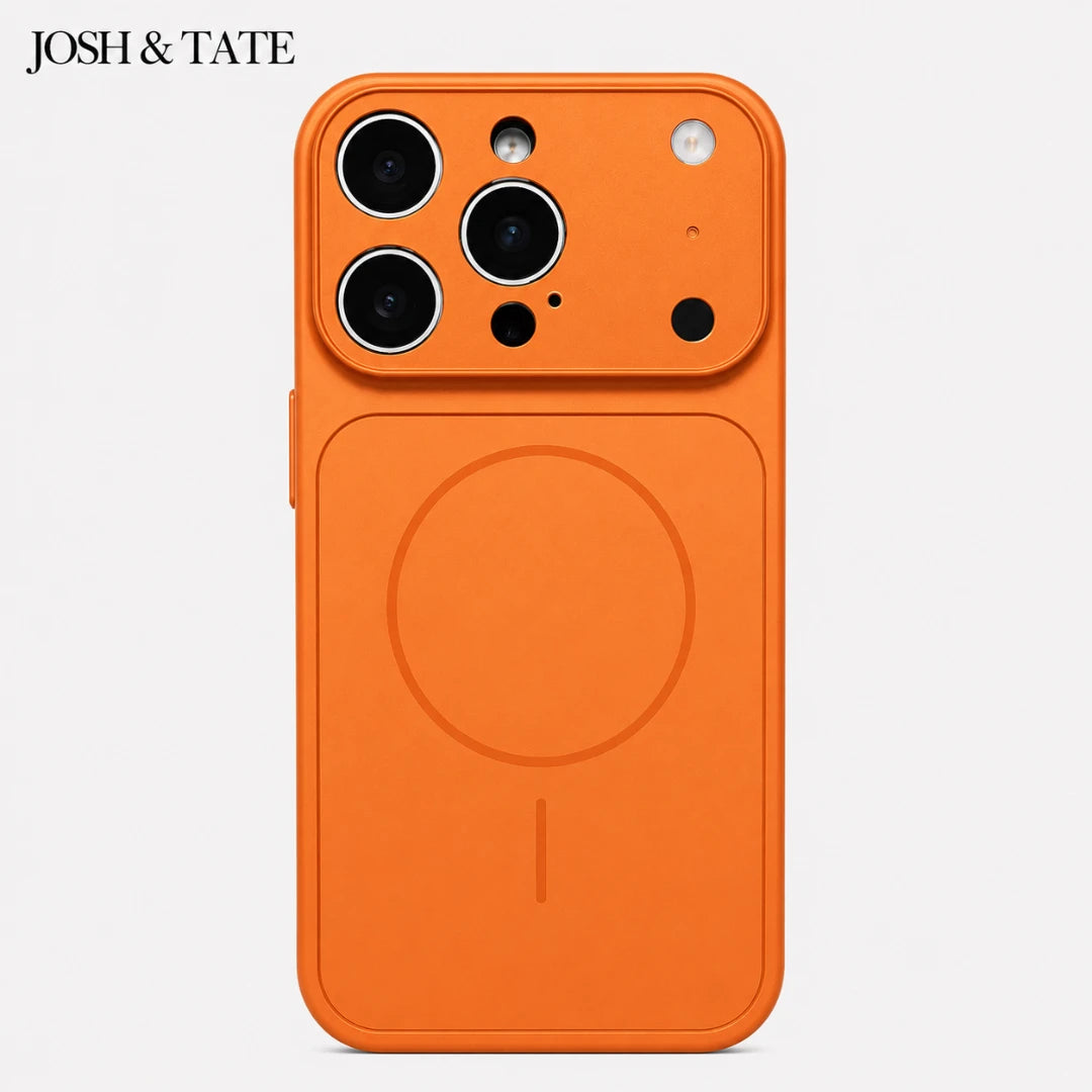 Josh & Tate - ChromeCore™ Premium MagSafe iPhone Case - Orange phone case with 'JOSH & TATE' branding on a white background