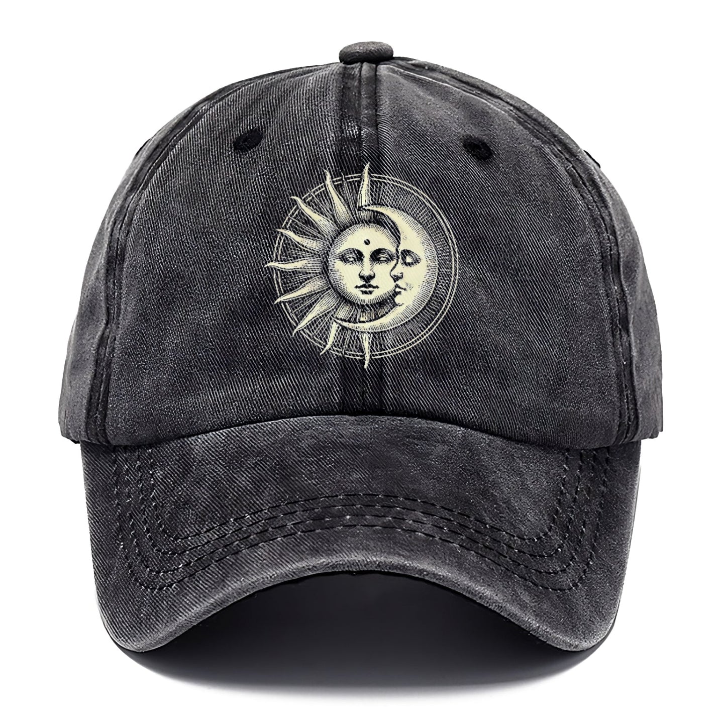 Black distressed baseball cap with a sun and moon design on a white background