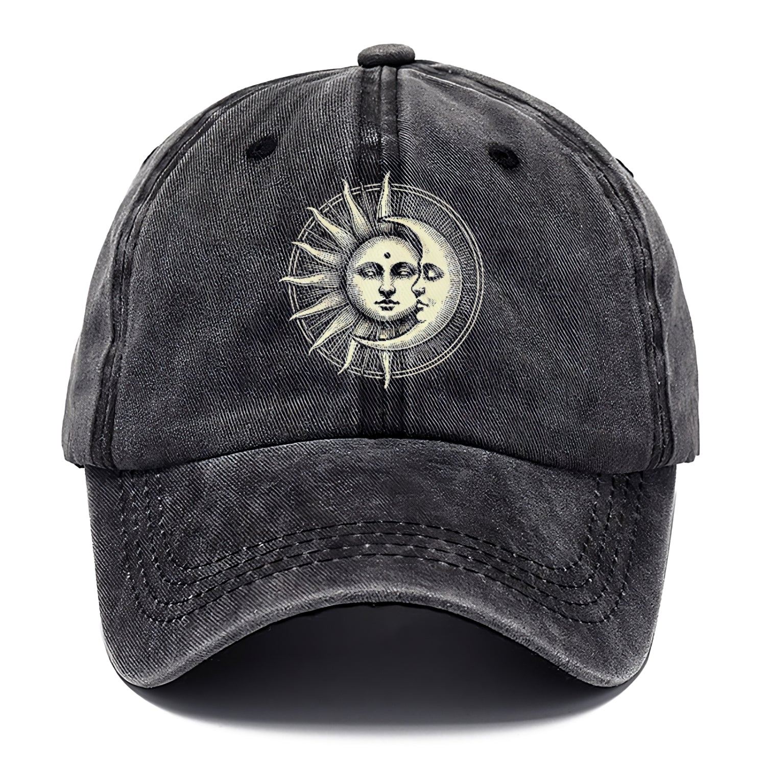 Black distressed baseball cap with a sun and moon design on a white background