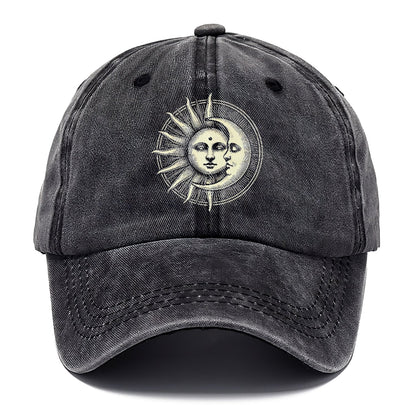 Black distressed baseball cap with a sun and moon design on a white background