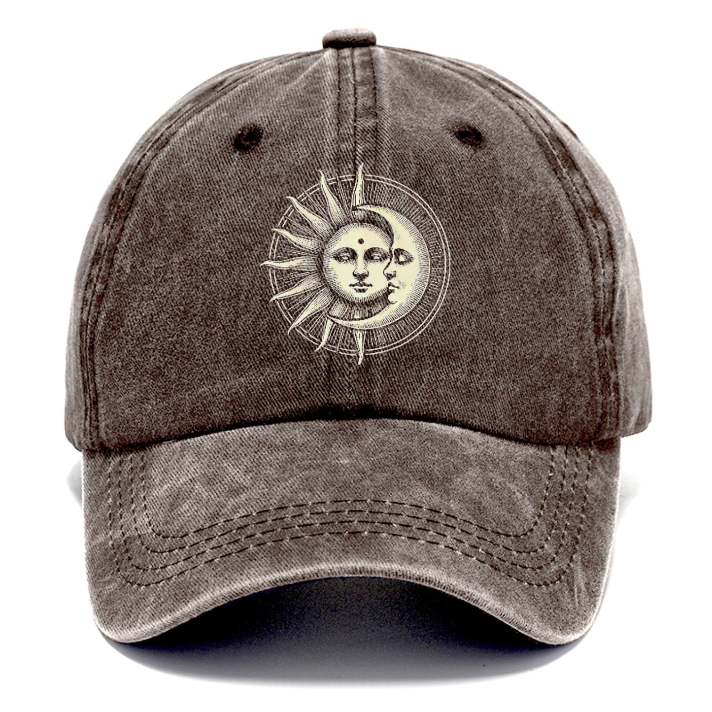 Brown cap with sun and moon design on a white background