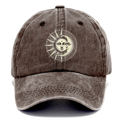 Brown cap with sun and moon design on a white background