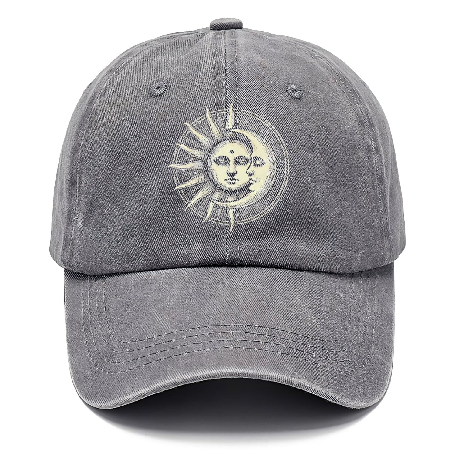 Gray cap with sun and moon design on a white background