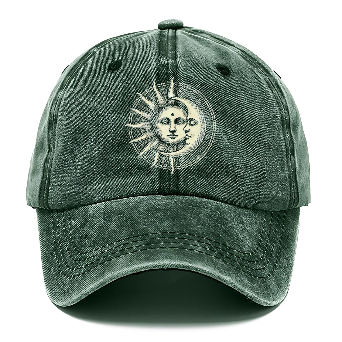 Green cap with sun and moon design on a white background