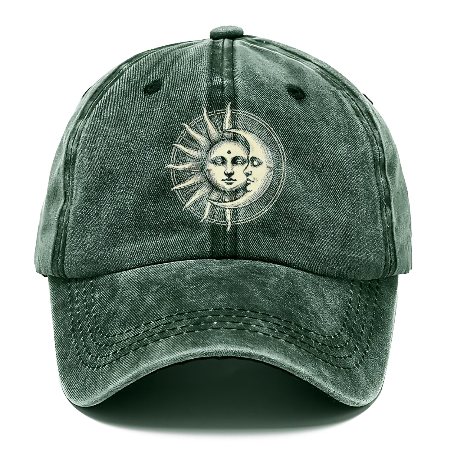 Green cap with sun and moon design on a white background