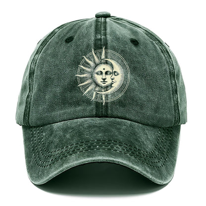 Green cap with sun and moon design on a white background