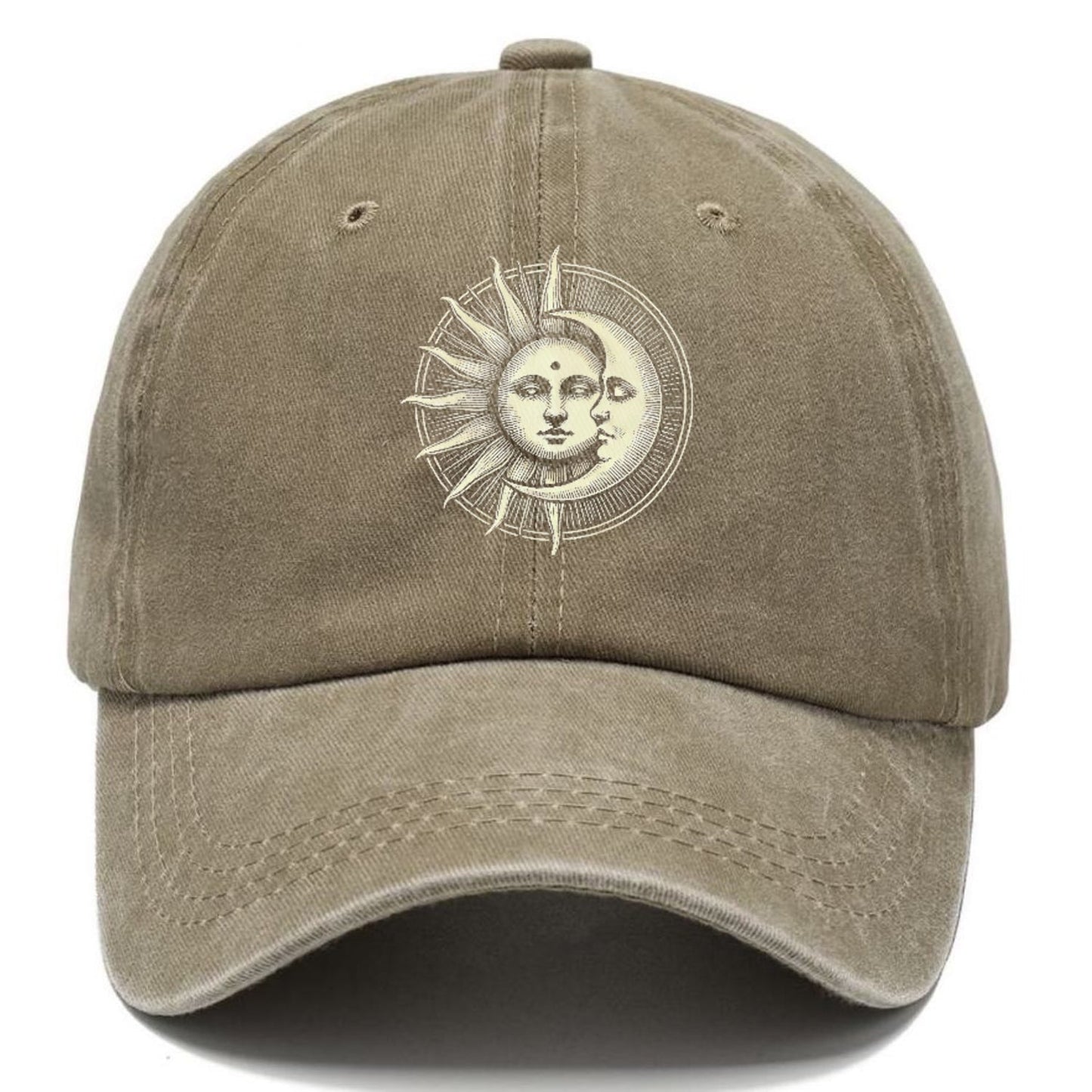 Khaki cap with sun and moon design on a white background