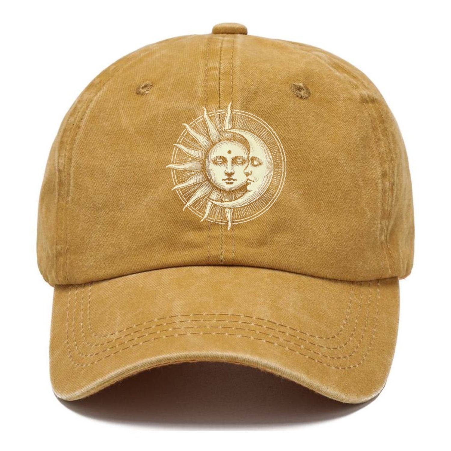 Brown cap with sun and moon design on a white background