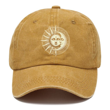 Brown cap with sun and moon design on a white background