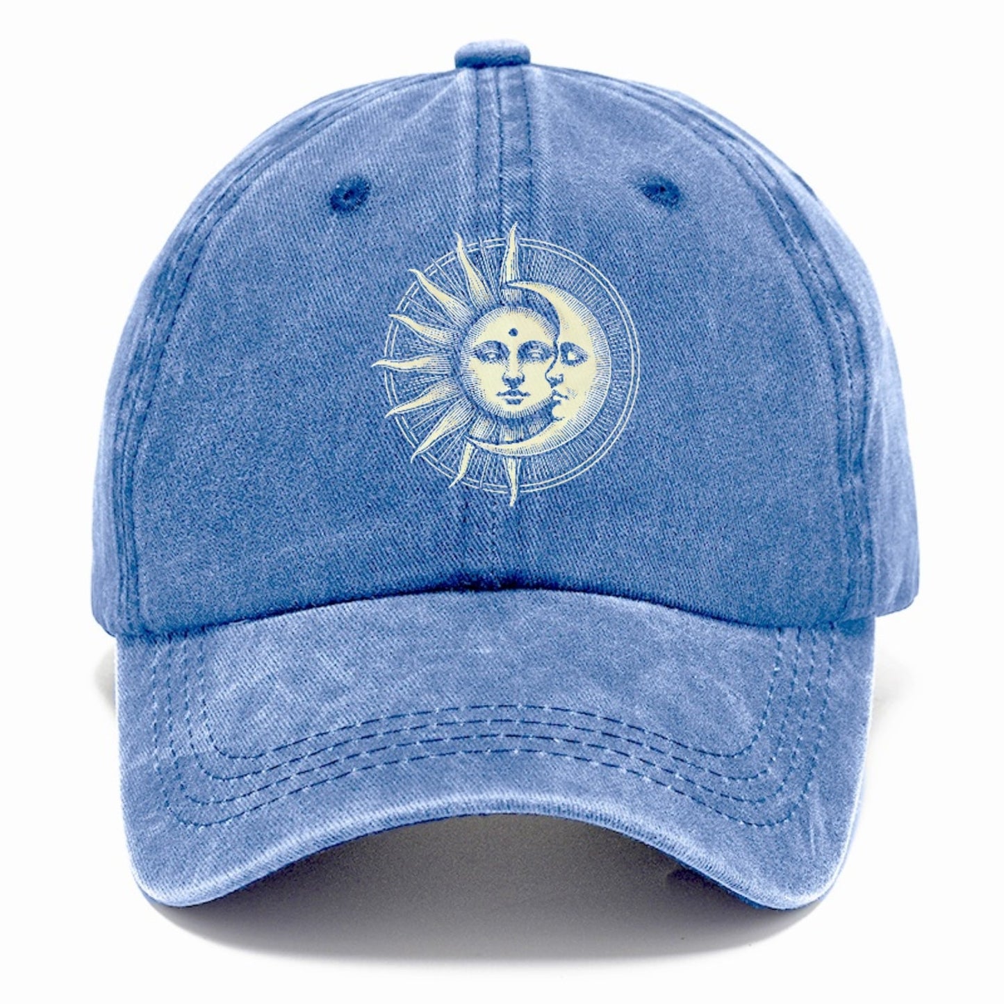 Blue cap with sun and moon design on a white background