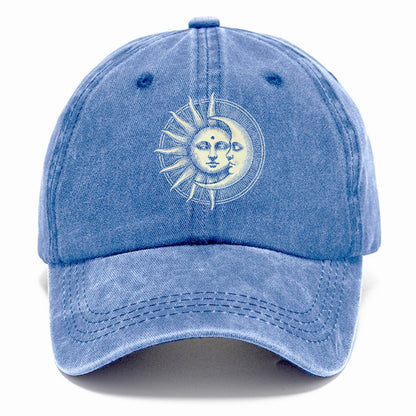 Blue cap with sun and moon design on a white background