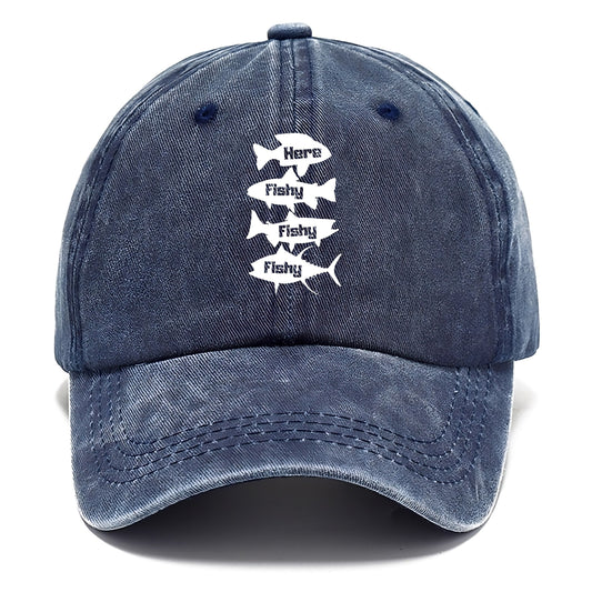 Navy blue cap with white text and fish graphics on a white background