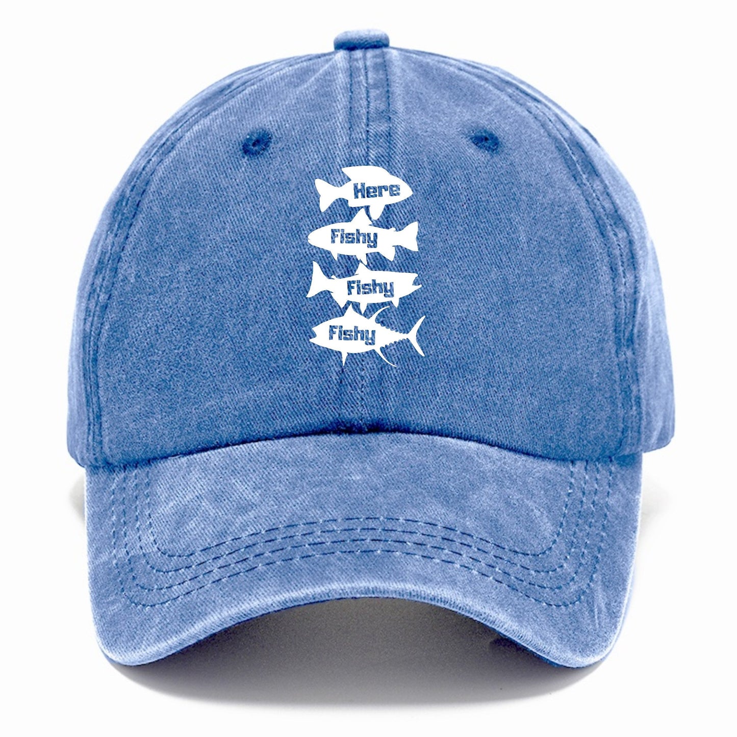 Blue cap with white fish graphic and text on a white background