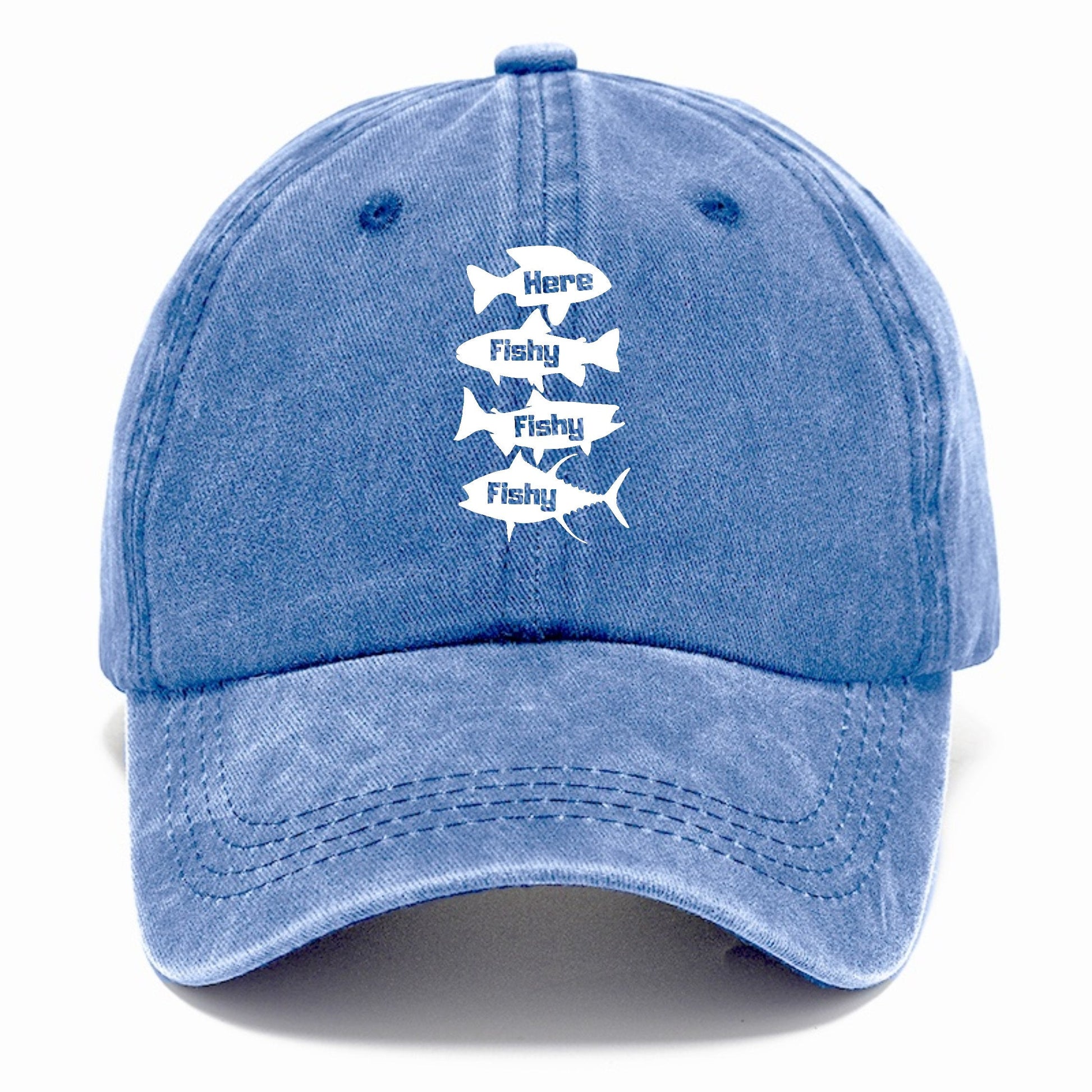 Blue cap with white fish graphic and text on a white background