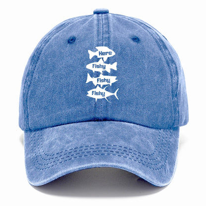 Blue cap with white fish graphic and text on a white background