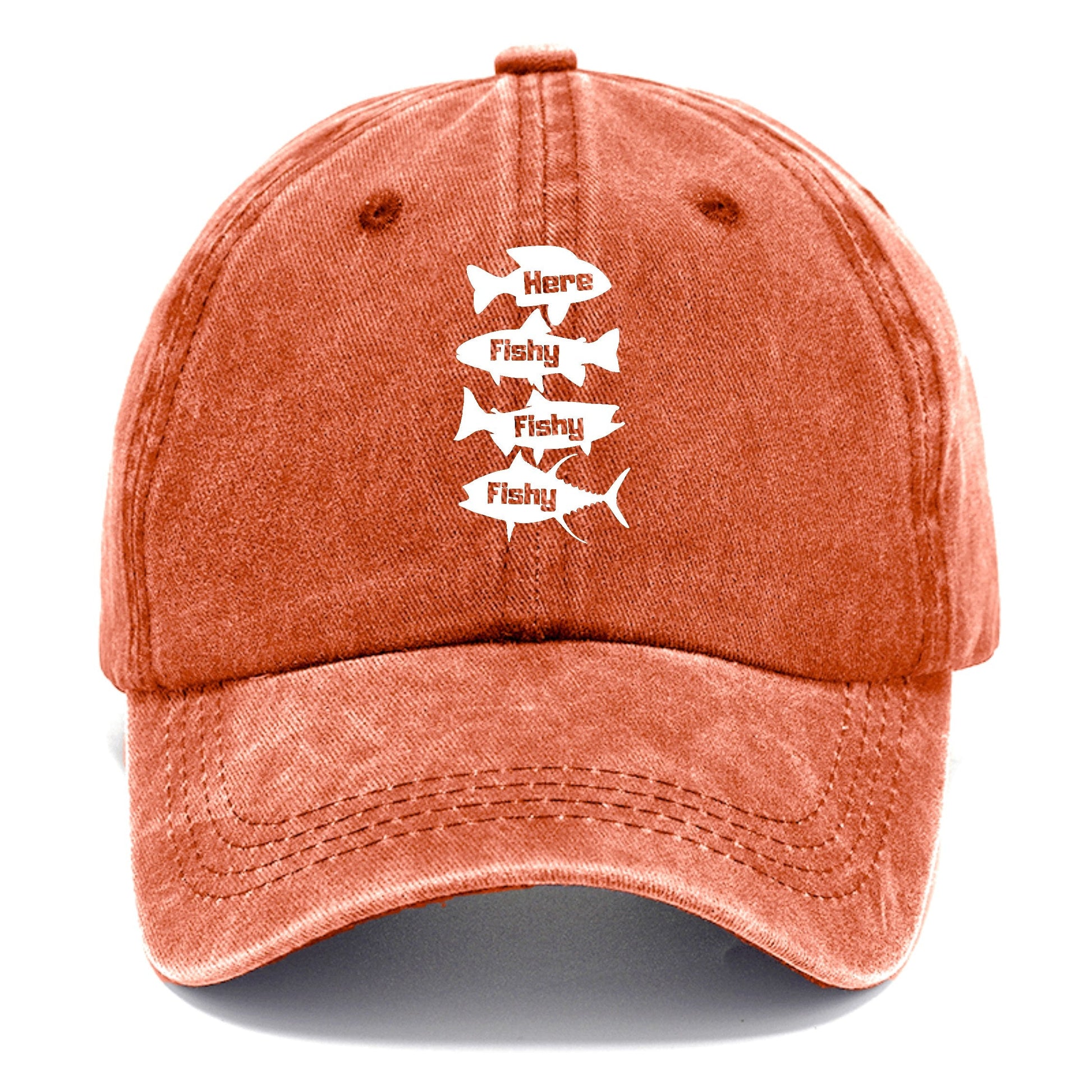 Orange cap with white graphic design on a white background
