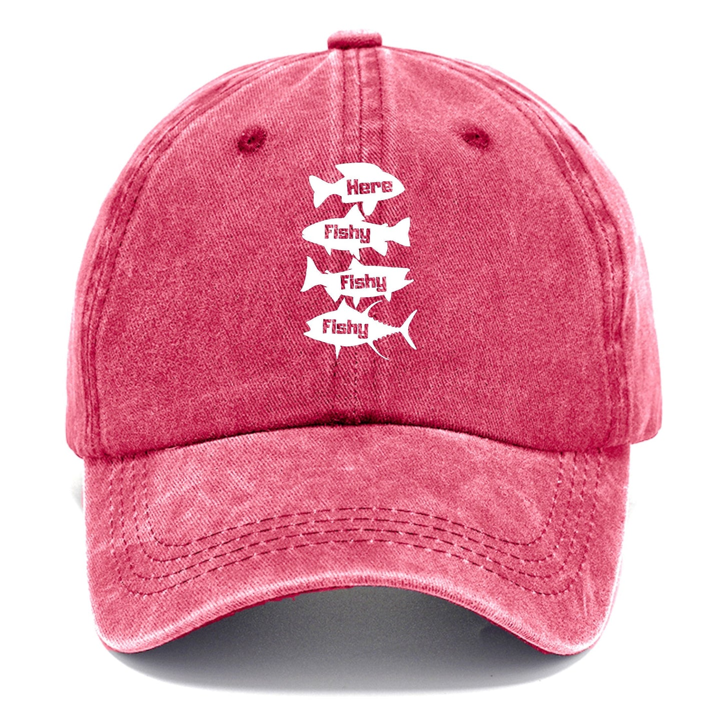 Pink cap with white text and fish graphics on a white background