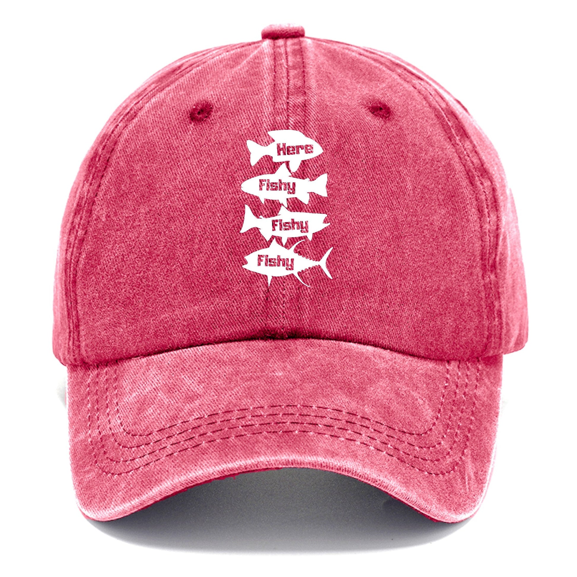 Pink cap with white text and fish graphics on a white background
