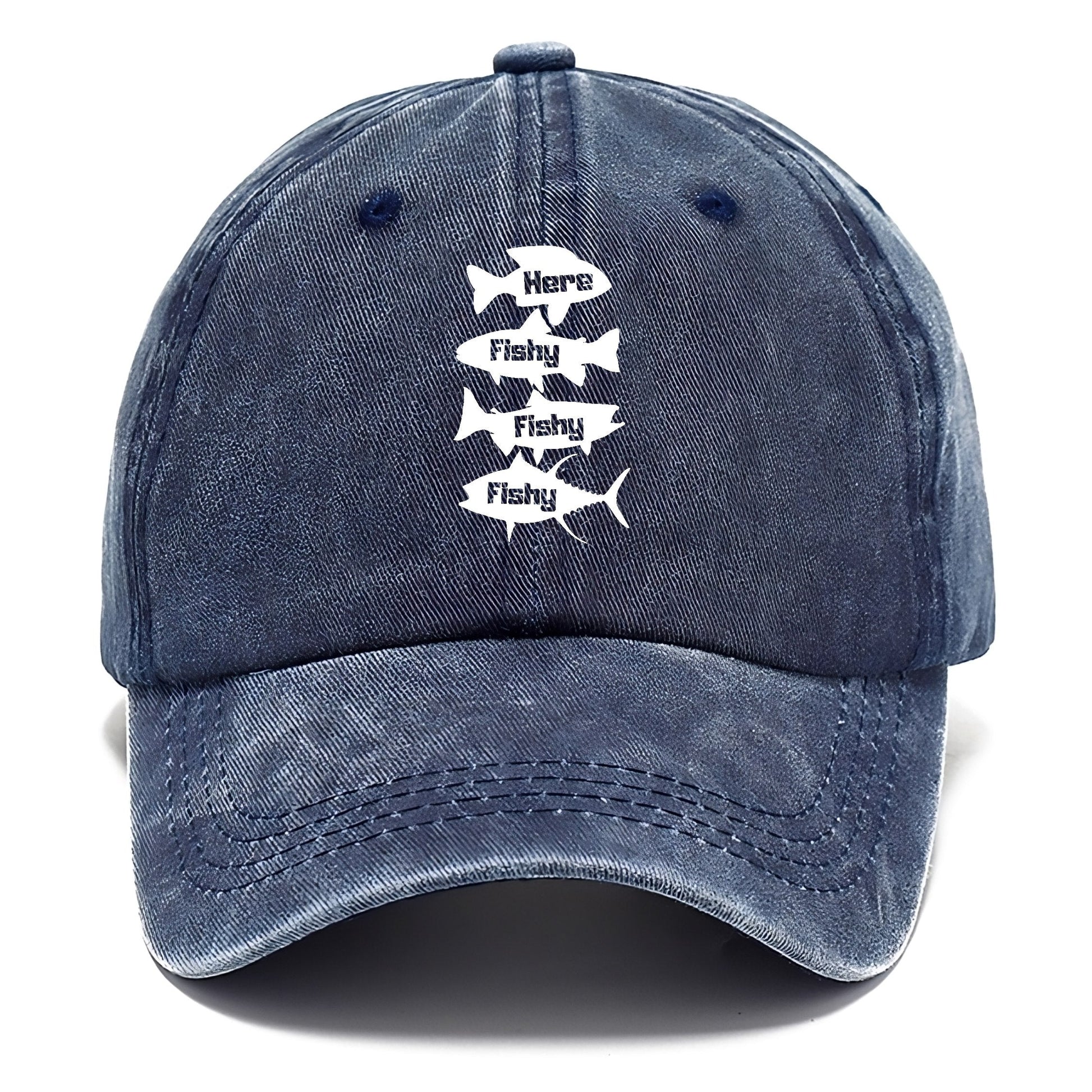 Navy blue cap with white text and fish graphics on a white background