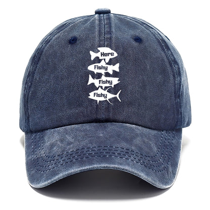 Navy blue cap with white text and fish graphics on a white background