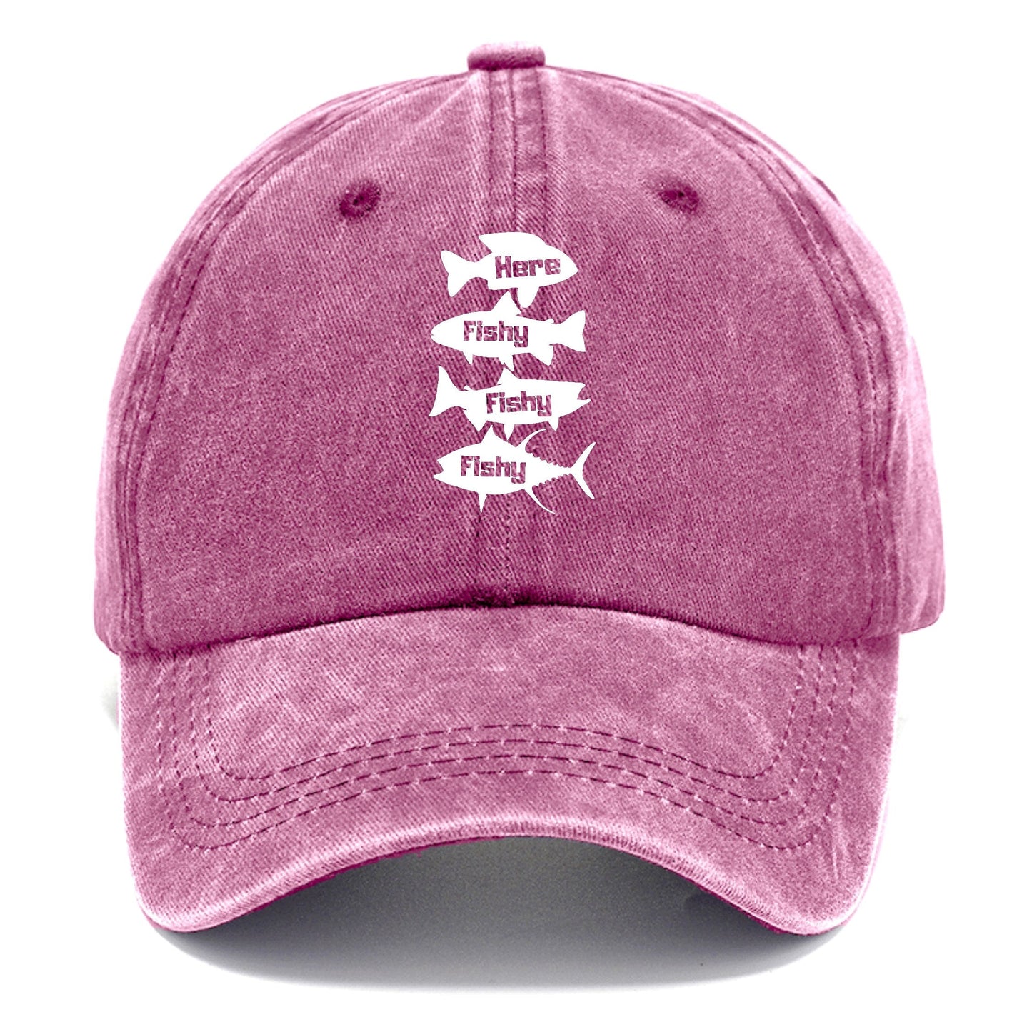Pink cap with white text and fish graphics on a white background