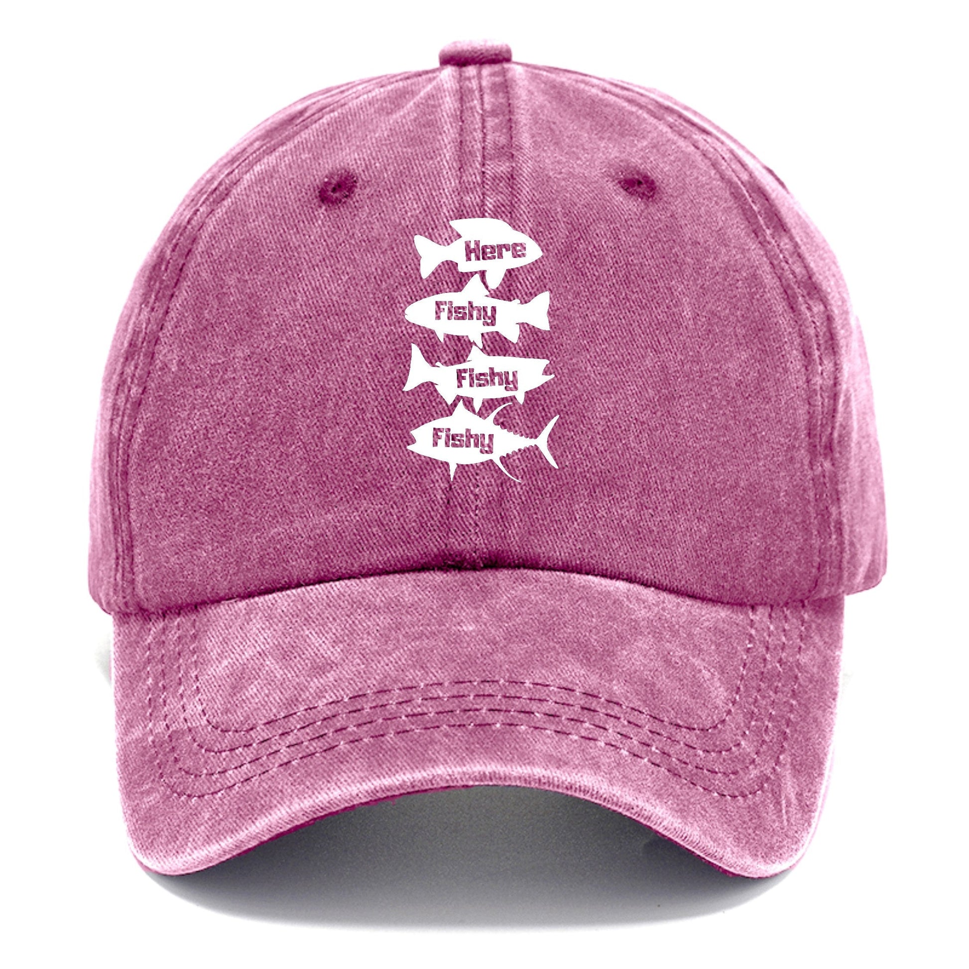 Pink cap with white text and fish graphics on a white background