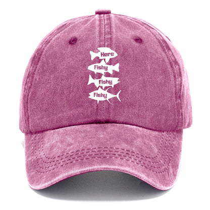 Pink cap with white text and fish graphics on a white background