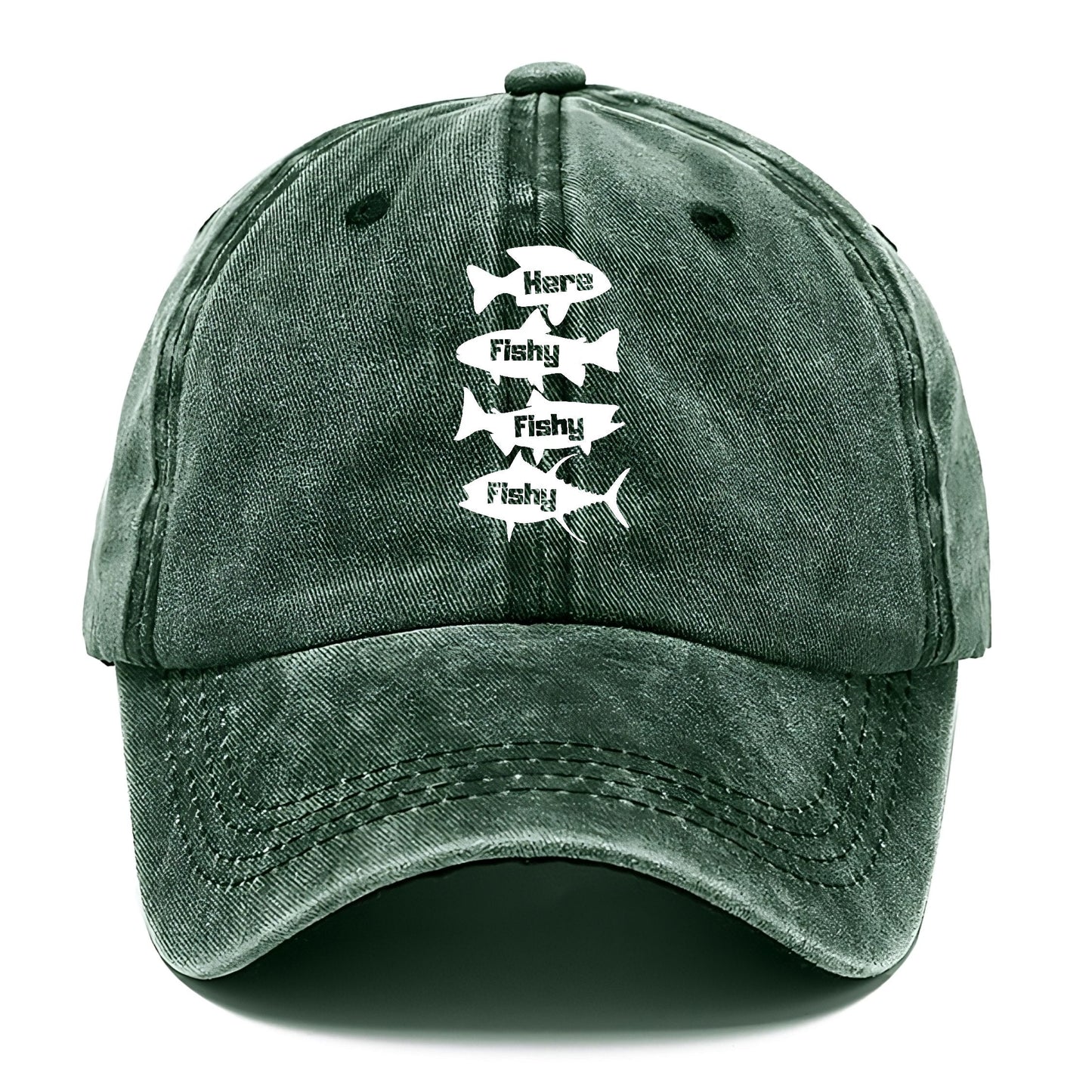 Green cap with white 'Fishy Fishy' text design on a white background