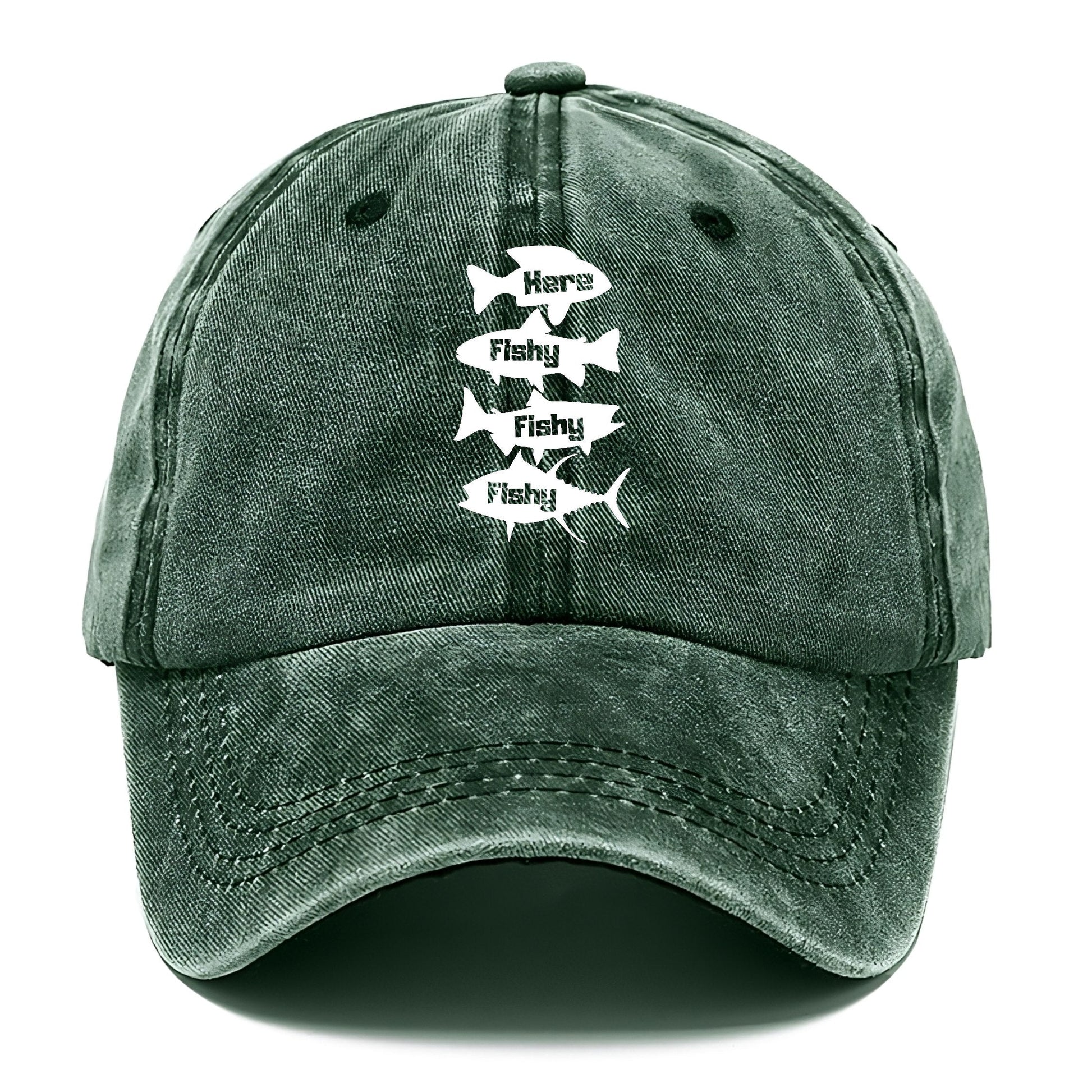 Green cap with white 'Fishy Fishy' text design on a white background