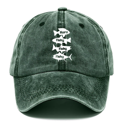 Green cap with white 'Fishy Fishy' text design on a white background