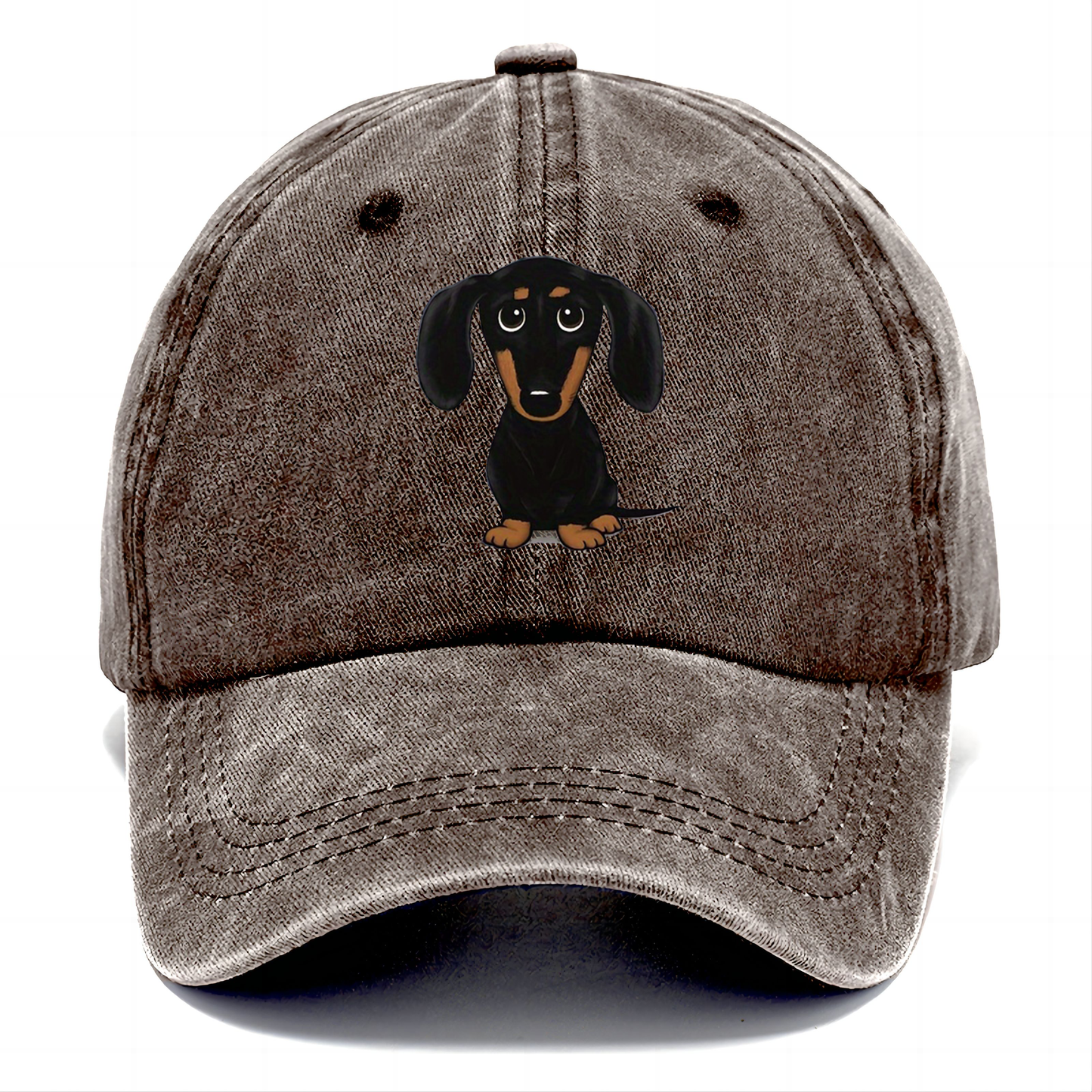 Brown cap with a dachshund illustration on a white background