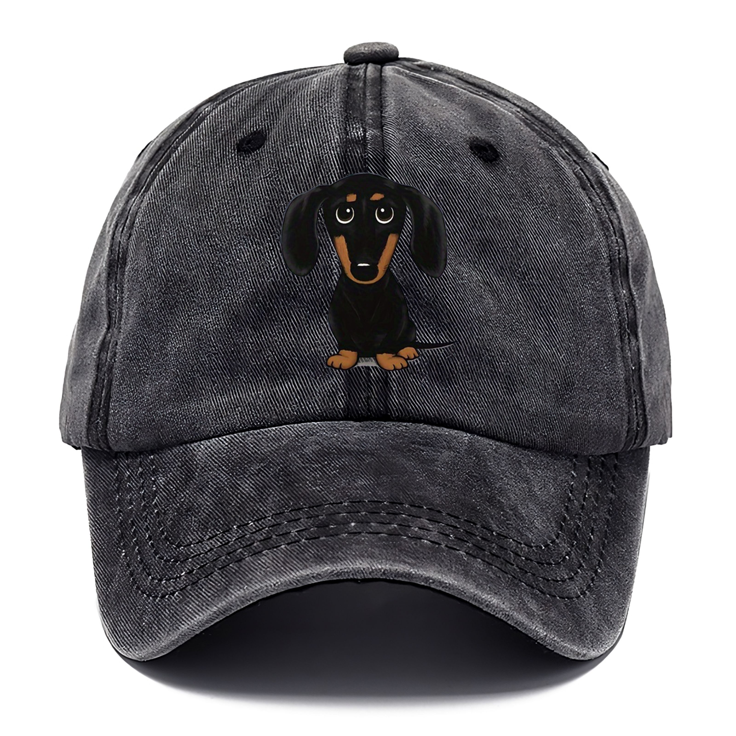 Gray cap with a dachshund illustration on a white background