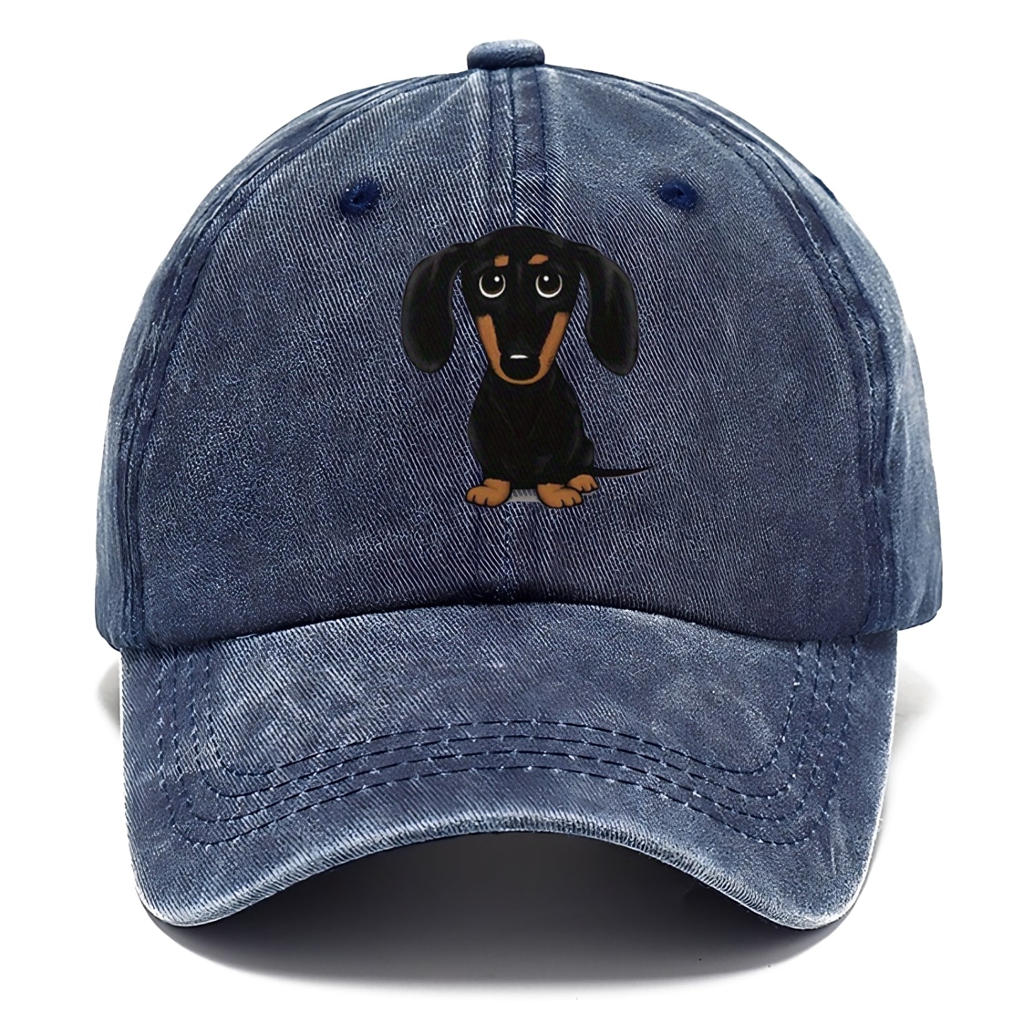Blue baseball cap with a dachshund illustration on a white background